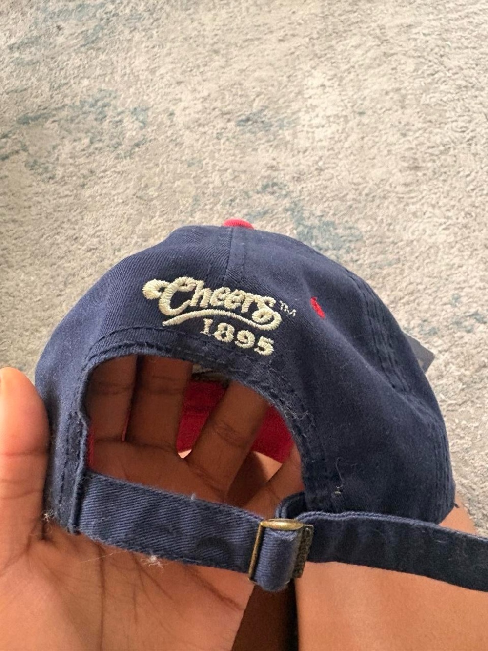 Brandy Melville Navy Baseball Cap with Red and Cream Embroidery - Picture 5 of 7